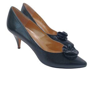 Morgan Taylor Heels Black Leather Rosette Point Toe Classic Vintage Womens 8.5